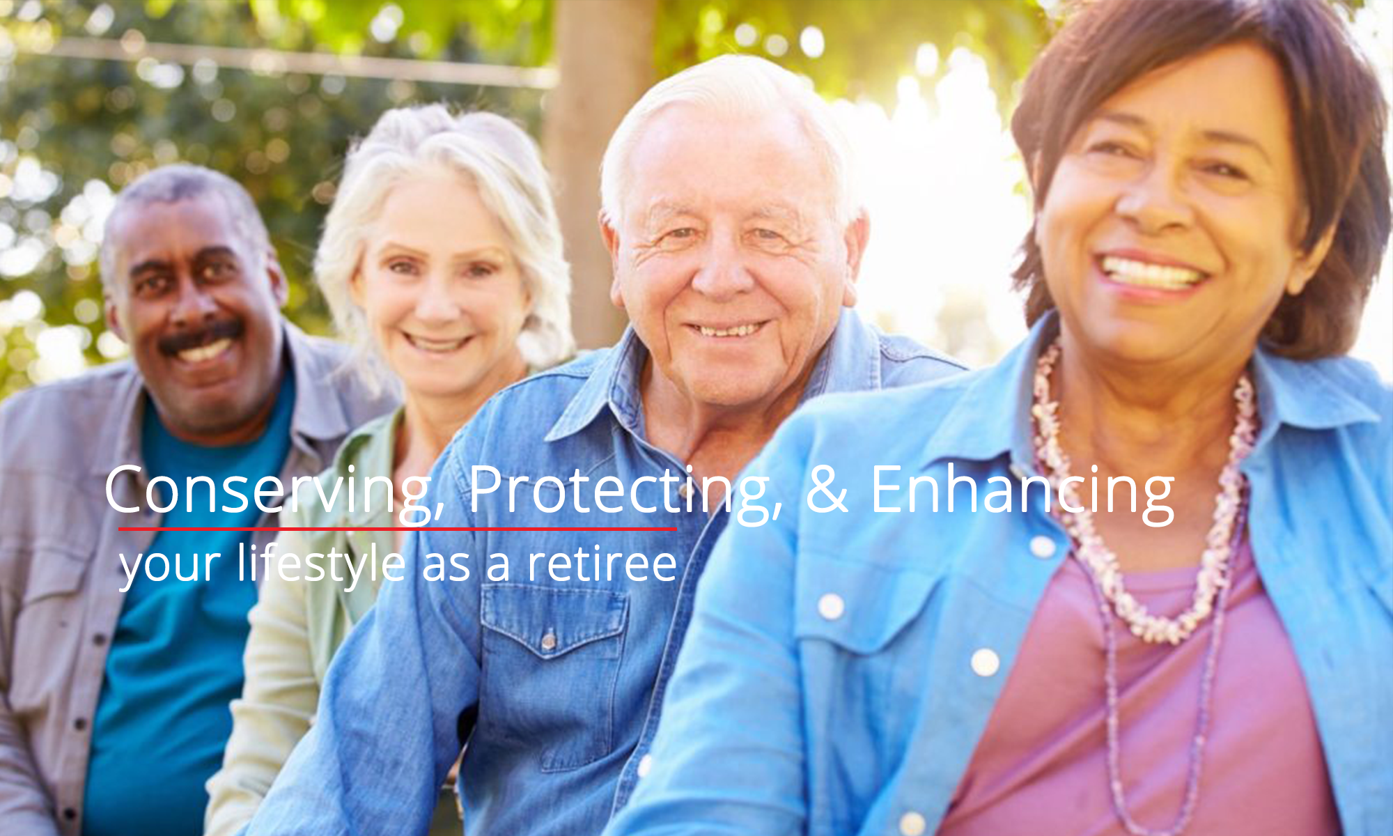 A group of 4 diverse, senior men and women looking at the camera and smiling, with the sun shining behind them