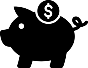 icon of a pig with a coin above it, looks like a piggy bank